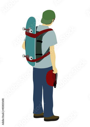 バックパックの上にストラップでスケートボードを背負い、ヘルメットを持った男性の後ろ姿のイラスト