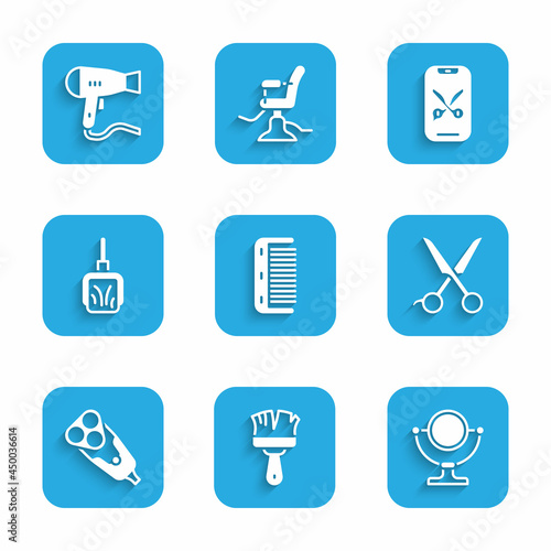 Set Hairbrush, Shaving, Round makeup mirror, Scissors hairdresser, Electric razor blade, Dustpan, Barber online service platform and dryer icon. Vector