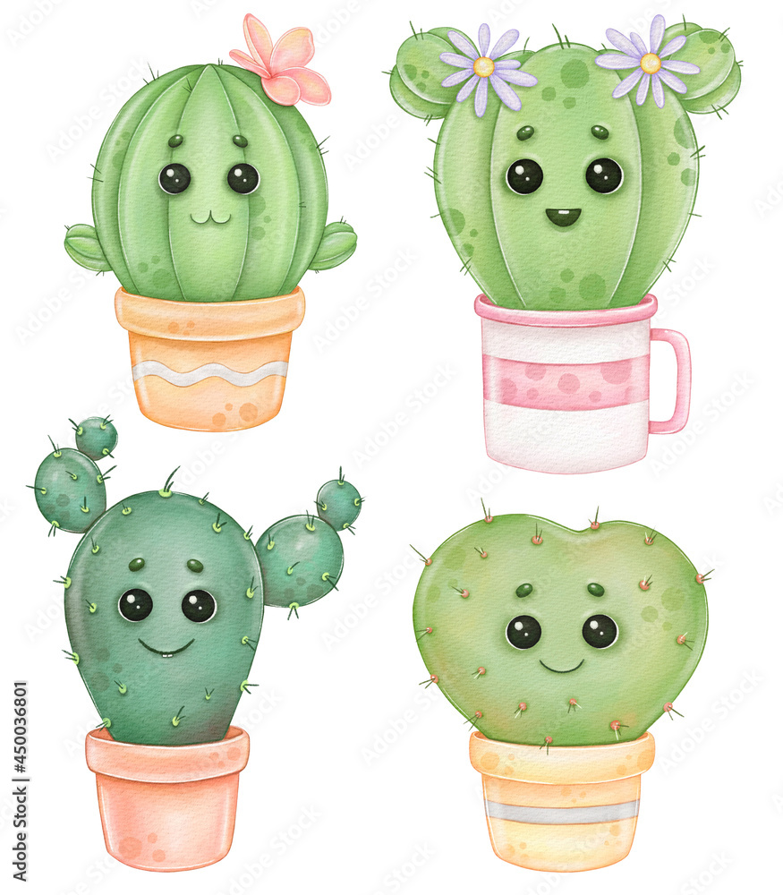 cute cartoon watercolor cactus with eyes in pots Stock Illustration ...