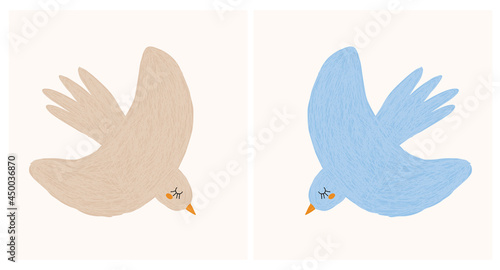 Cute Hand Drawn Vector Illustrations with Blue and Brown Birds on a Light Beige Background. Sweet Infantile Style Nursery Art with Flying Birds ideal for Card, Wall Art, Poster, Decoration.