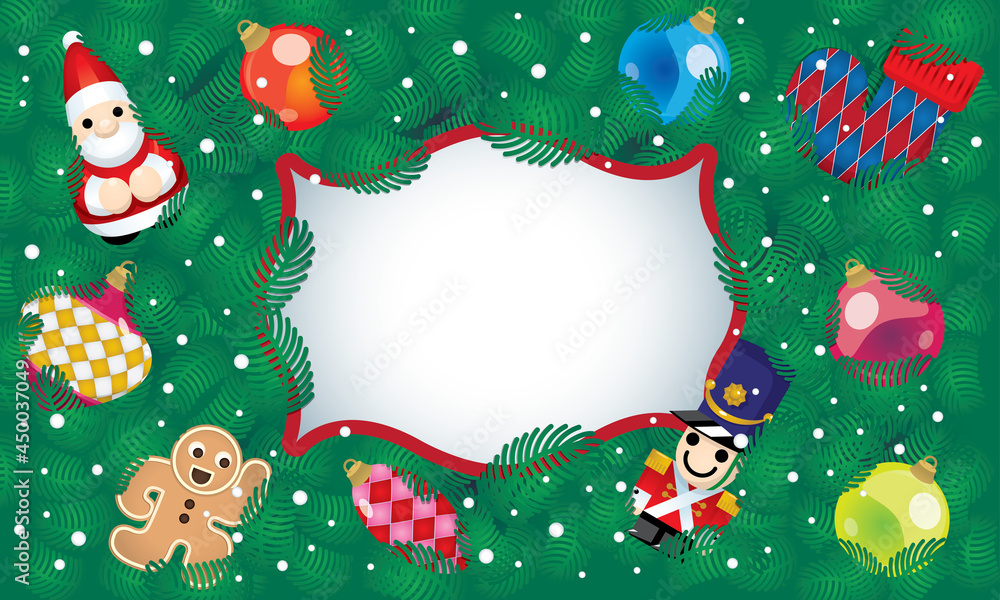 Beautiful Christmas ornaments. With Christmas tree and falling snows background. Vector. Beautiful Christmas ornaments. With Christmas tree and falling snows background. Vector.