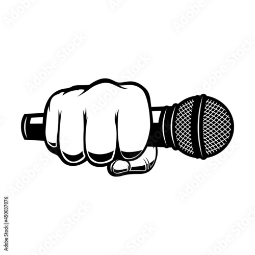Human hand with microphone. Design element for sign, logo, label, t shirt. Vector illustration