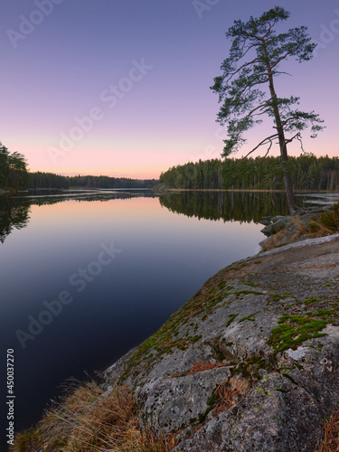 Granite stones  pine trees and forest are reflected in the clear serene waters of the Finnish lake.