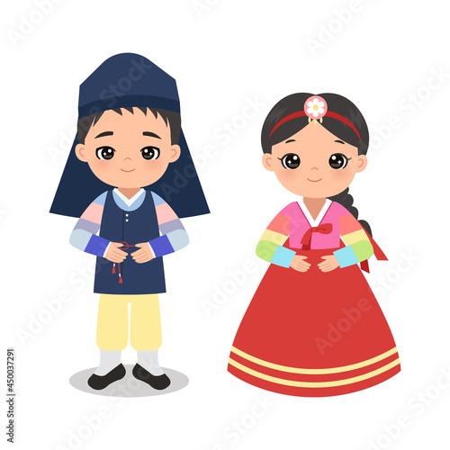Cute boy and girl wearing traditional Korean costume for Chuseok festival