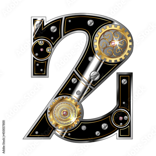 The number 2 is two in the steampunk style. Isolated on a white background. Vector in an industrial vintage style.