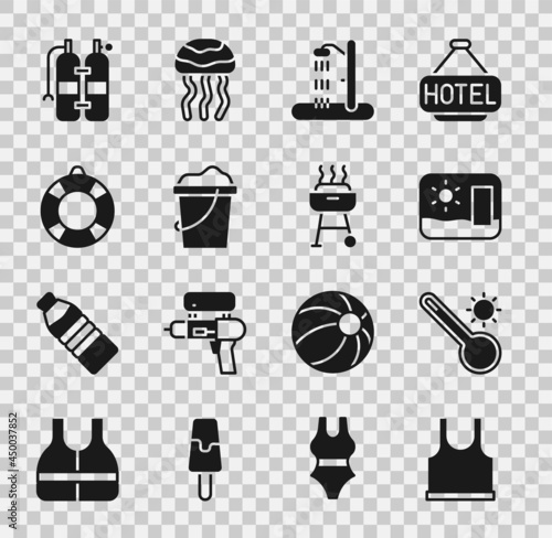 Set Sleeveless T-shirt, Meteorology thermometer, Travel postcard, Beach shower, Sand in bucket, Lifebuoy, Aqualung and Barbecue grill icon. Vector