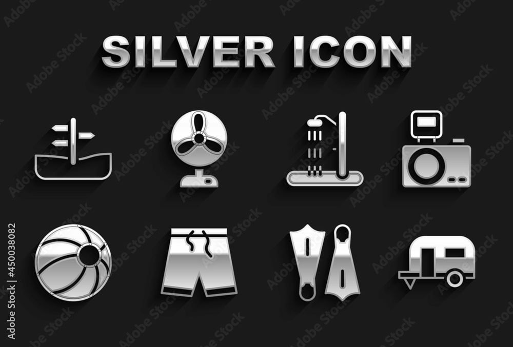 Set Swimming trunks, Photo camera with flash, Rv Camping trailer, Rubber flippers for swimming, Beach ball, shower, Road traffic sign and Electric fan icon. Vector Set Swimming trunks, Photo camera with flash, Rv Camping trailer, Rubber flippers for swimming, Beach ball, shower, Road traffic sign and Electric fan icon. Vector