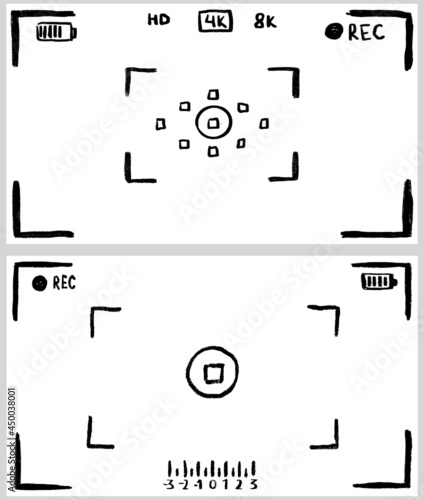 Camera Frame viewfinder screen doodle mockup. Simple hand drawn video camera viewfinder. Sketch camera rec interface template.