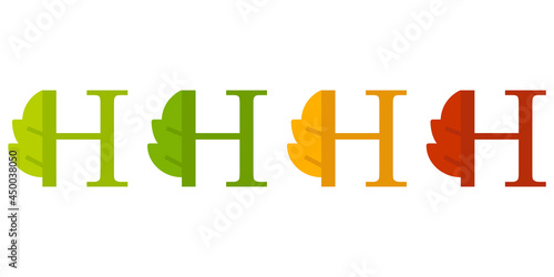 Otoño. Caída de la hoja. Logotipo letra inicial H con forma de hoja de árbol en color verde, naranja y rojo
