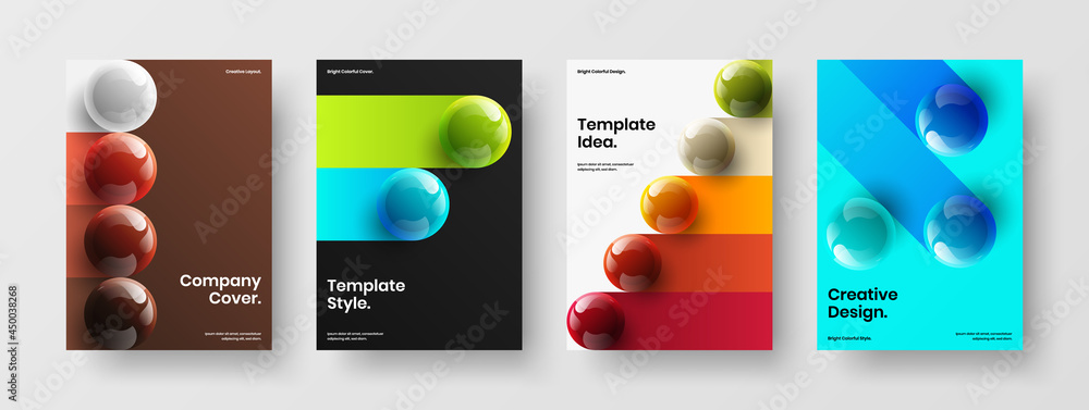 Geometric 3D spheres corporate cover layout collection. Amazing flyer A4 vector design concept set.