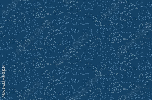 Traditional oriental seamless pattern with Japanese clouds on blue sky. Vector background. Asian Chinese clouds folkloric common ornament. Textile, print, greeting card. Chinese Mid Autumn festival.