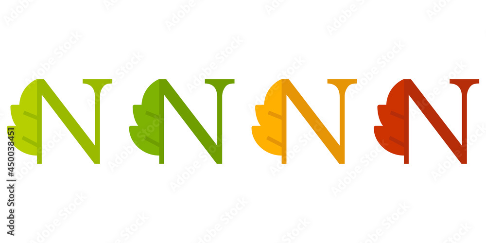 Otoño. Caída de la hoja. Logotipo letra inicial N con forma de hoja de árbol en color verde, naranja y rojo