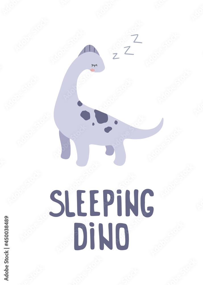Cute sleeping dino poster. Print for fabric, textile, apparel, nersery, wallart.