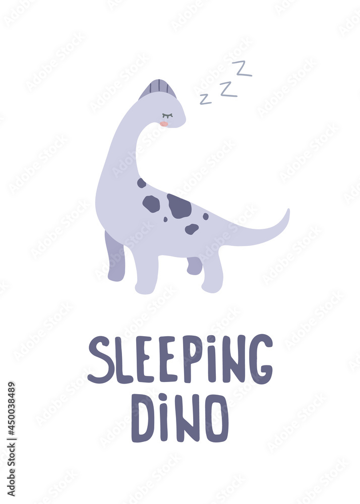 Fototapeta premium Cute sleeping dino poster. Print for fabric, textile, apparel, nersery, wallart.