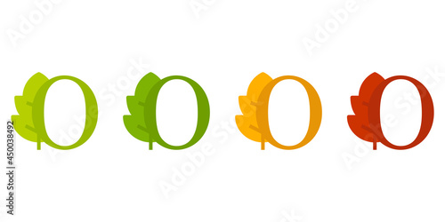 Otoño. Caída de la hoja. Logotipo letra inicial O con forma de hoja de árbol en color verde, naranja y rojo