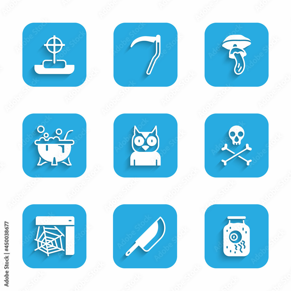 Set Owl bird, Knife, Eye in a jar, Skull on crossbones, Spider web, Halloween witch cauldron, Psilocybin mushroom and Tombstone with icon. Vector Set Owl bird, Knife, Eye in a jar, Skull on crossbones, Spider web, Halloween witch cauldron, Psilocybin mushroom and Tombstone with icon. Vector