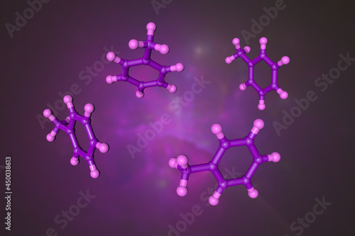 Molecular model of toluene, an aromatic hydrocarbon composed of a benzene rink linked to one methyl group. Scientific background. 3d illustration photo