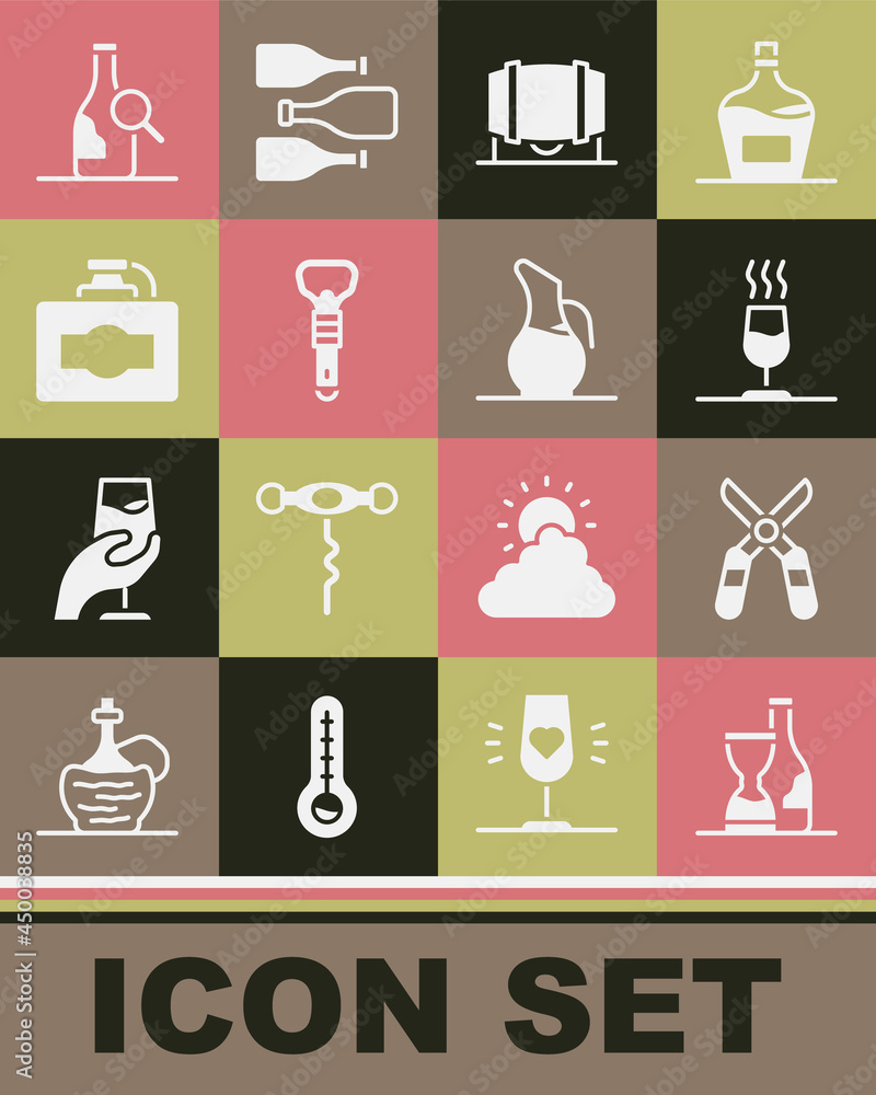Set Bottle of wine, Gardening scissors, Wine tasting, degustation, Wooden barrel for, opener, Cardboard box, and Decanter icon. Vector Set Bottle of wine, Gardening scissors, Wine tasting, degustation, Wooden barrel for, opener, Cardboard box, and Decanter icon. Vector