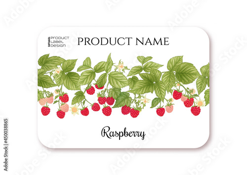 Raspberry. Ripe berries on branch. Template for product label, cosmetic packaging. Easy to edit. Graphic drawing, engraving style. Vector illustration..