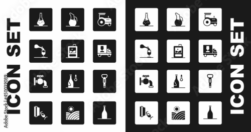 Set Tractor, Cardboard box of wine, Wine tasting, degustation, Decanter for, truck, Bottle opener and Tap barrel icon. Vector