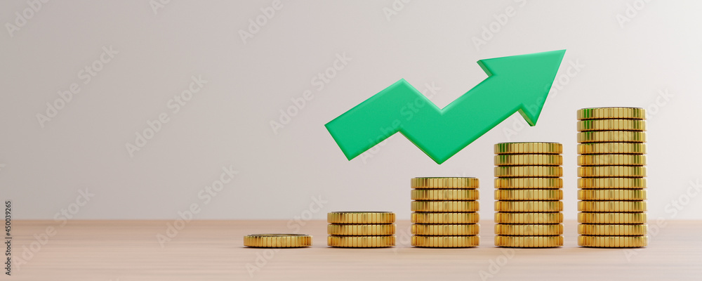 Golden coins stacking with increasing green arrow on white background and copy space for economic investment profit and interest deposit from saving concept, 3D rendering technique.