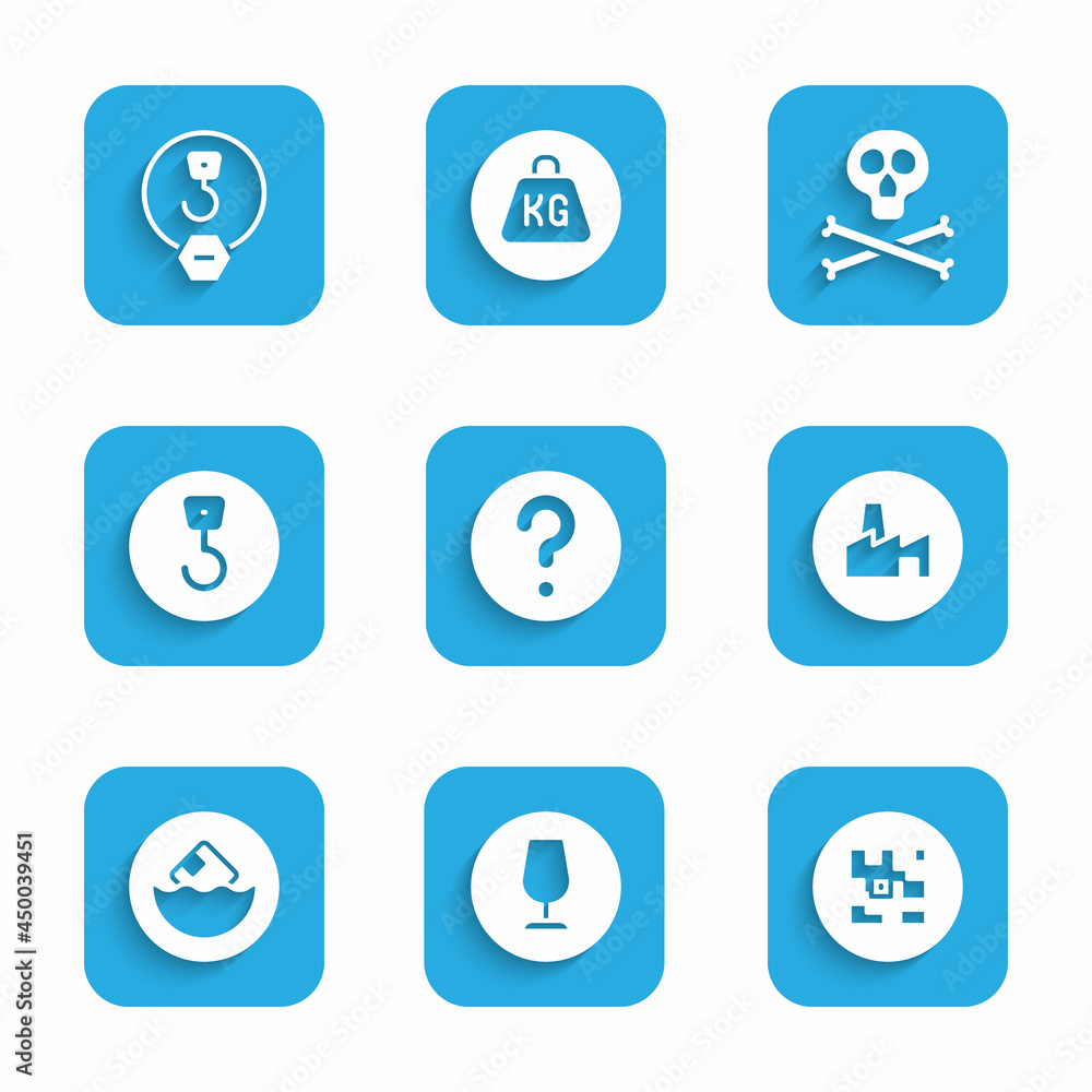 Set Unknown search, Fragile broken glass, QR code, Factory production, Carton cardboard box, Industrial hook, Bones and skull warning and icon. Vector Set Unknown search, Fragile broken glass, QR code, Factory production, Carton cardboard box, Industrial hook, Bones and skull warning and icon. Vector