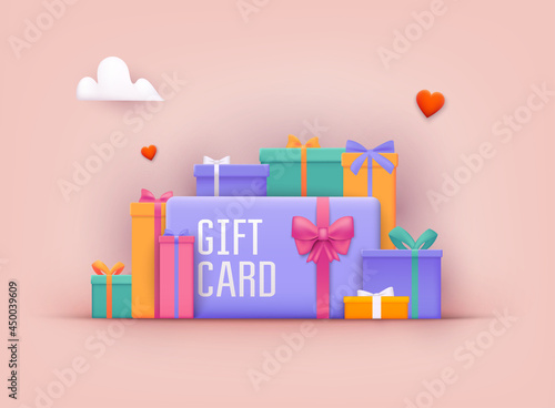 Gift card and promotion strategy, gift voucher, discount coupon and gift certificate concept. 3D Web Vector Illustrations.