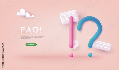 Exclamations and Question Marks. FAQ concept. Ask Questions and receive Answers. Online Support center. Frequently Asked Questions. 3D Web Vector Illustrations.