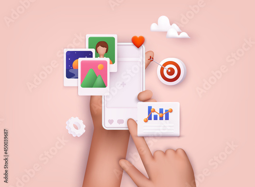 Hands holding smartphone with online platform. Influencer marketing, social media or network promotion, SMM banner, landing page, flyer. 3D Web Vector Illustrations.
