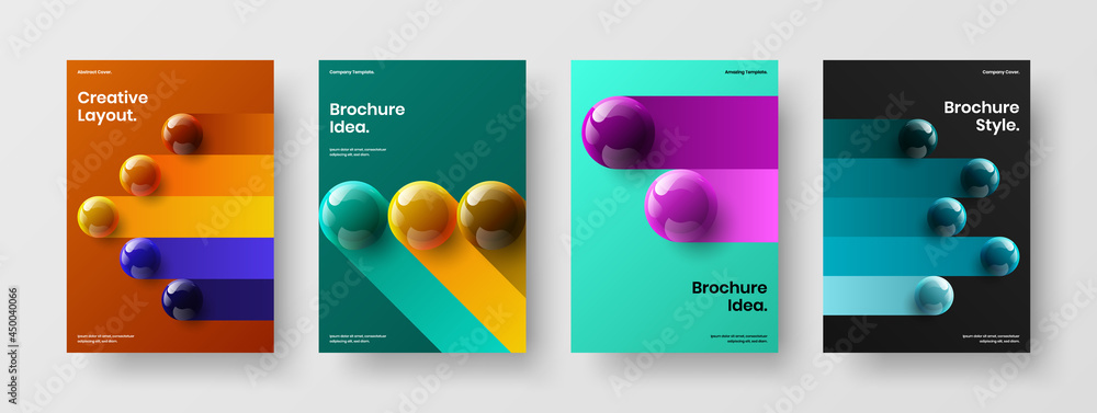 Geometric pamphlet A4 design vector illustration collection. Fresh realistic spheres corporate cover concept set.