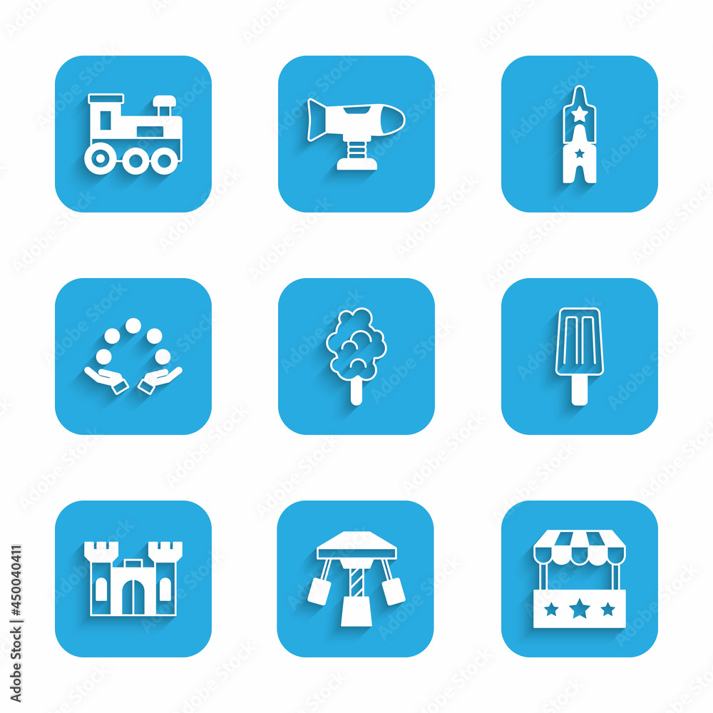 Set Cotton candy, Attraction carousel, Ticket box office, Ice cream, Castle, Juggling ball, Circus ticket and Toy train icon. Vector Set Cotton candy, Attraction carousel, Ticket box office, Ice cream, Castle, Juggling ball, Circus ticket and Toy train icon. Vector