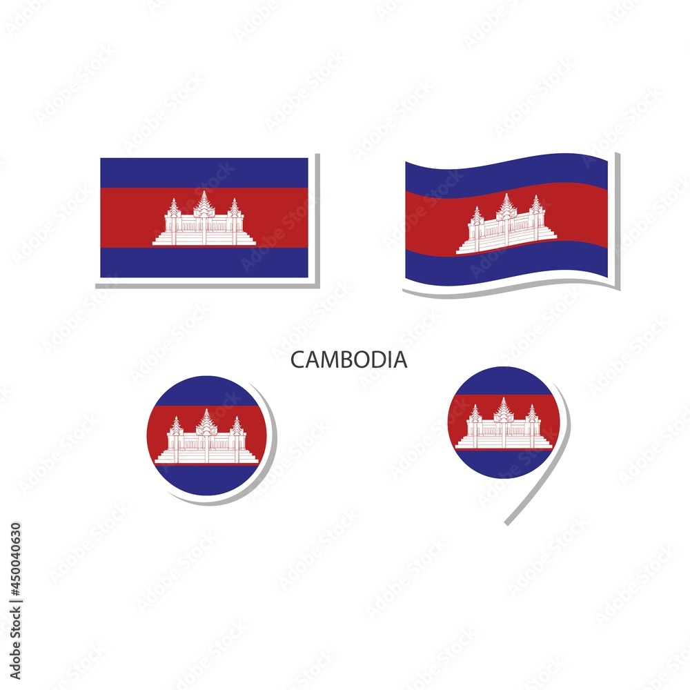 Cambodia flag logo icon set, rectangle flat icons, circular shape, marker with flags.