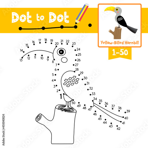 Dot to dot educational game and Coloring book Yellow Billed Hornbill bird animal cartoon character vector illustration