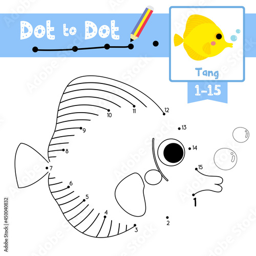 Dot to dot educational game and Coloring book Yellow Tang fish animal cartoon character vector illustration