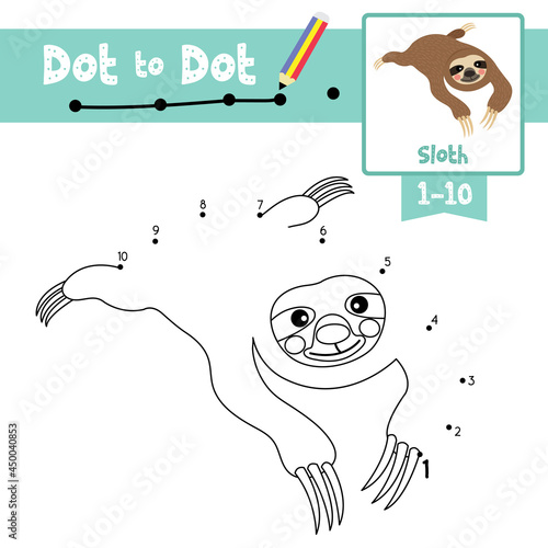 Dot to dot educational game and Coloring book Lying Sloth animal cartoon character vector illustration