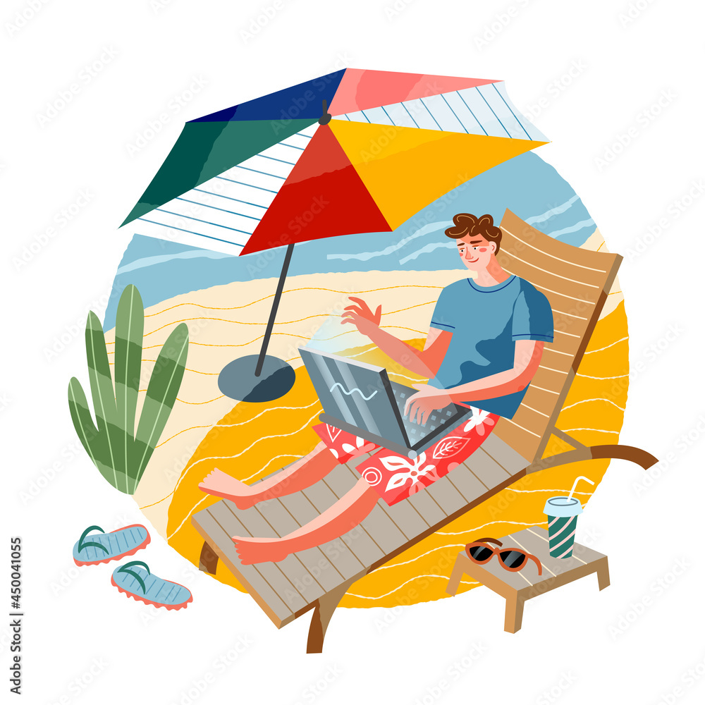 Obraz premium Man doing freelance work at beach. Young guy working with laptop on chair near sea online vector illustration. Modern lifestyle scene, remote business workplace with comfort under umbrella