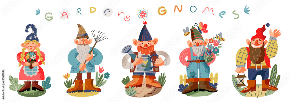 Garden gnome set. Funny little dwarfs statues vector illustration. Collection of men and girl midgets with flowers, watering can, lantern, equipment in row on white background