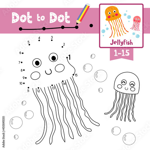 Dot to dot educational game and Coloring book Pink and orange Jellyfish animal cartoon character vector illustration © natchapohn