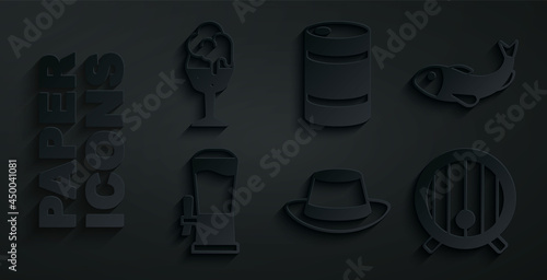 Set Oktoberfest hat, Dried fish, Beer tap, Wooden barrel, Metal beer keg and Glass of icon. Vector