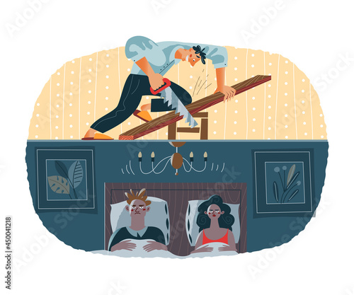 Loud noisy neighbour doing construction work and unhappy couple in bed. Problems in neighbouring apartments at home vector illustration. Young man with saw, annoyed people cannot sleep