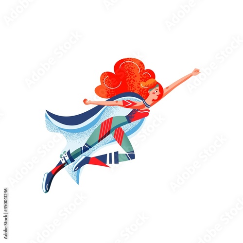 Female superhero in costume flying. Superwoman with cape vector illustration. Cartoon comic woman with powers posing isolated on white background. Brave girl hurrying to save people.