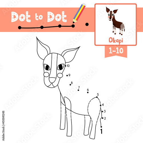 Dot to dot educational game and Coloring book Standing Okapi animal cartoon character vector illustration photo