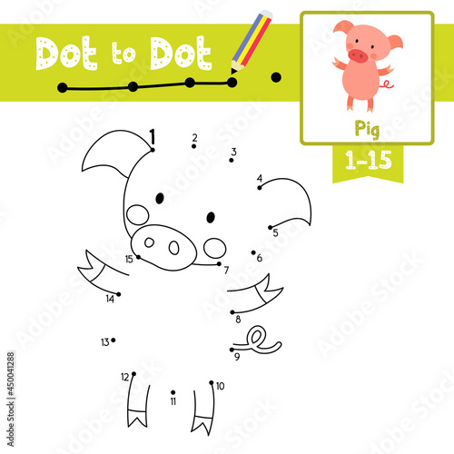Dot to dot educational game and Coloring book Standing Pig animal cartoon character vector illustration