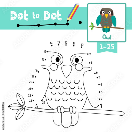 Dot to dot educational game and Coloring book Turquoise Owl bird animal cartoon character vector illustration