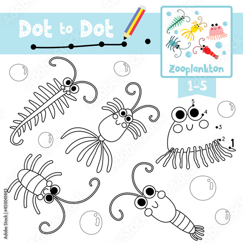 Dot to dot educational game and Coloring book Zooplankton animal cartoon character vector illustration