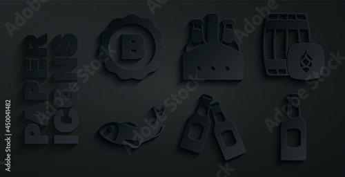 Set Beer bottle, Wooden barrel, Dried fish, Pack of beer bottles and Bottle cap with icon. Vector