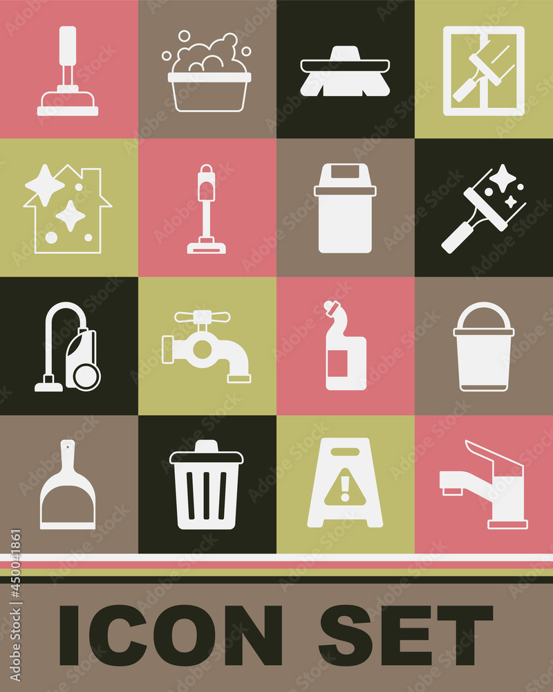 Set Water tap, Bucket, Rubber cleaner for windows, Brush cleaning, Vacuum, Home service, plunger and Trash can icon. Vector Set Water tap, Bucket, Rubber cleaner for windows, Brush cleaning, Vacuum, Home service, plunger and Trash can icon. Vector