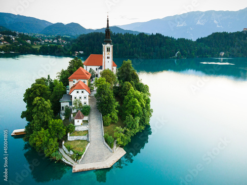 Lake Bled in Slovenia with Church on Island and Bled Castle Drone View