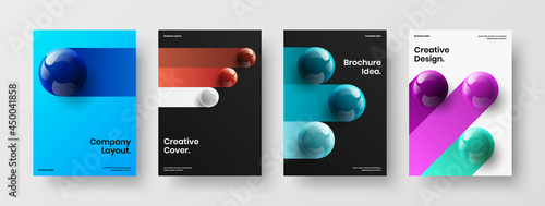 Geometric realistic balls booklet concept collection. Modern magazine cover A4 vector design template composition.