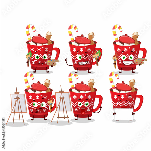 Artistic Artist of hot chocolate with gingerbread cartoon character painting with a brush